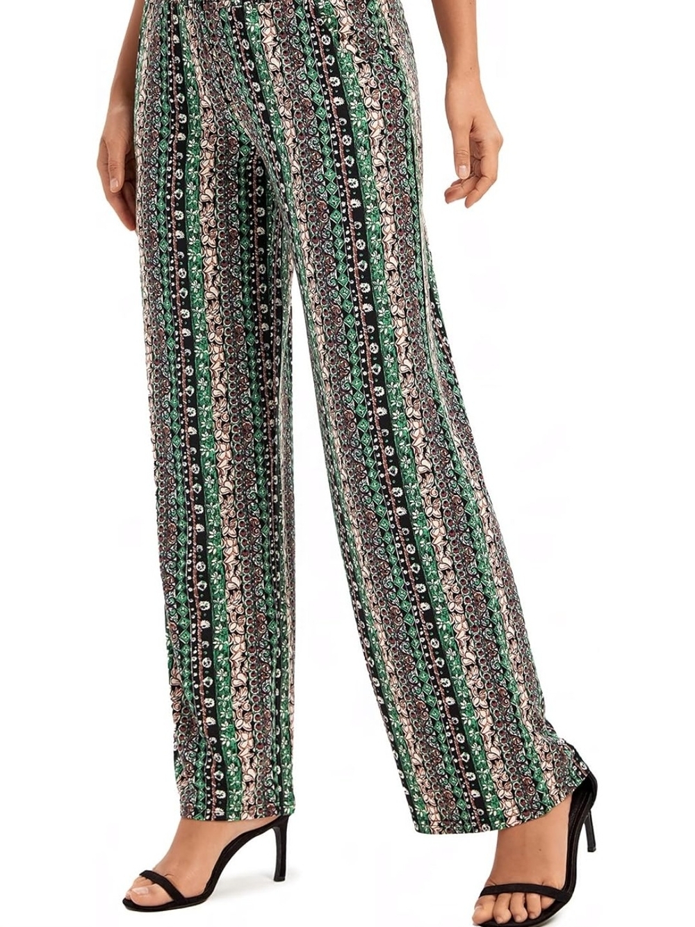 Green Patterned Wide-Leg Pull-On Pants